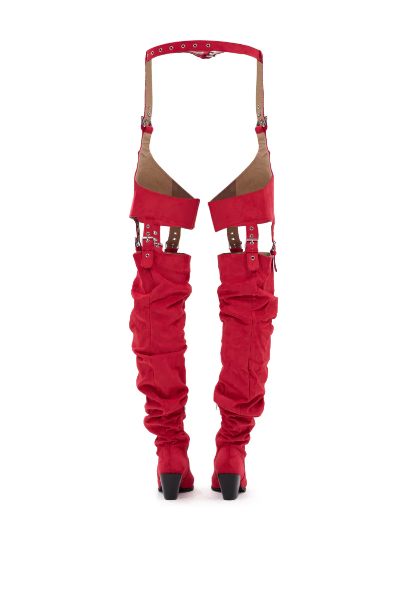 AZALEA WANG XOMARIA RED FAUX SUEDE WESTERN CHAP BOOT - Image 9