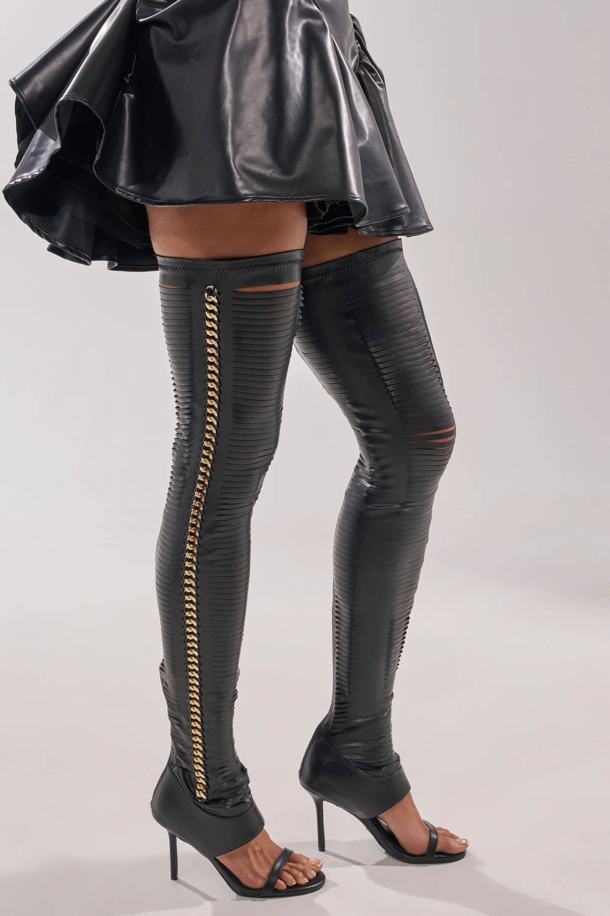 AZALEA WANG ZARIE BLACK THIGH HIGH STRETCH PU GOLD EMBELLISHED STILETTO BOOT
