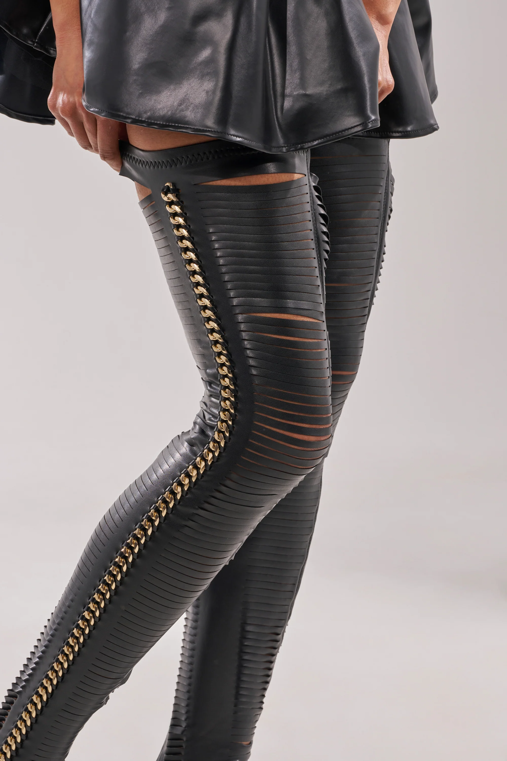 AZALEA WANG ZARIE BLACK THIGH HIGH STRETCH PU GOLD EMBELLISHED STILETTO BOOT - Image 3