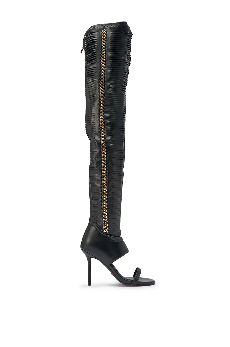 AZALEA WANG ZARIE BLACK THIGH HIGH STRETCH PU GOLD EMBELLISHED STILETTO BOOT - Image 4
