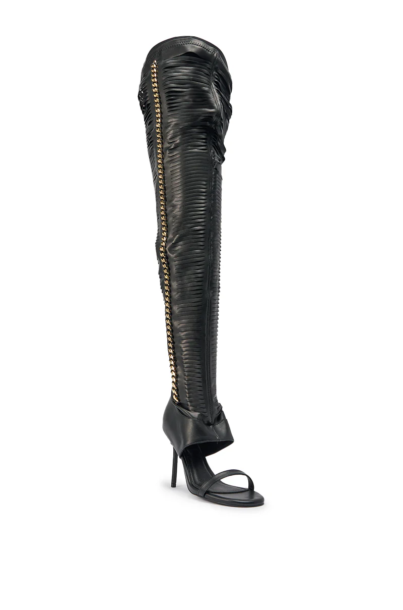 AZALEA WANG ZARIE BLACK THIGH HIGH STRETCH PU GOLD EMBELLISHED STILETTO BOOT - Image 5