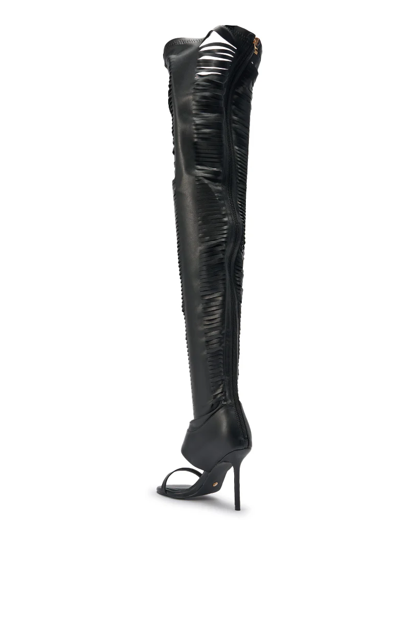 AZALEA WANG ZARIE BLACK THIGH HIGH STRETCH PU GOLD EMBELLISHED STILETTO BOOT - Image 6