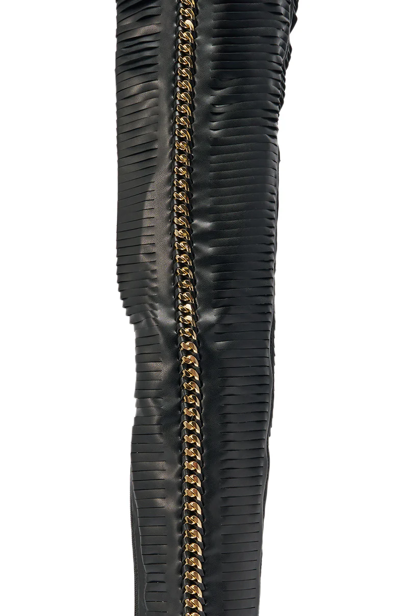 AZALEA WANG ZARIE BLACK THIGH HIGH STRETCH PU GOLD EMBELLISHED STILETTO BOOT - Image 7
