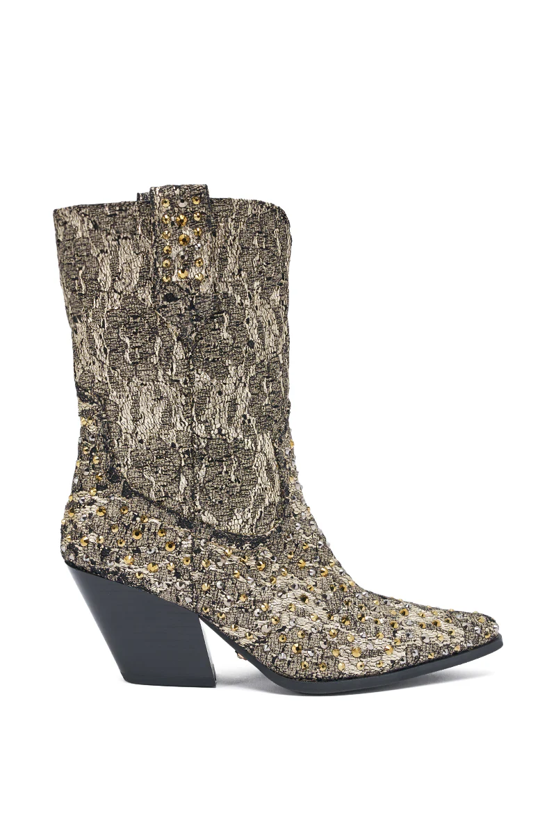 AZALEA WANG ZIRENNE GOLD AND BLACK BROCADE RHINETSTONE EMBELLISHED WESTERN BOOT - Image 5