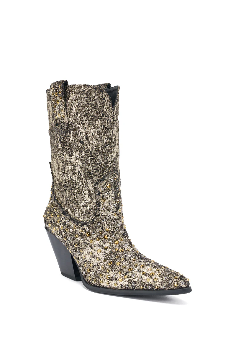 AZALEA WANG ZIRENNE GOLD AND BLACK BROCADE RHINETSTONE EMBELLISHED WESTERN BOOT - Image 6