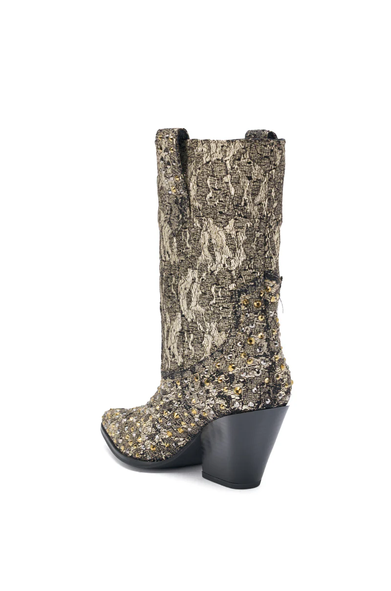 AZALEA WANG ZIRENNE GOLD AND BLACK BROCADE RHINETSTONE EMBELLISHED WESTERN BOOT - Image 7