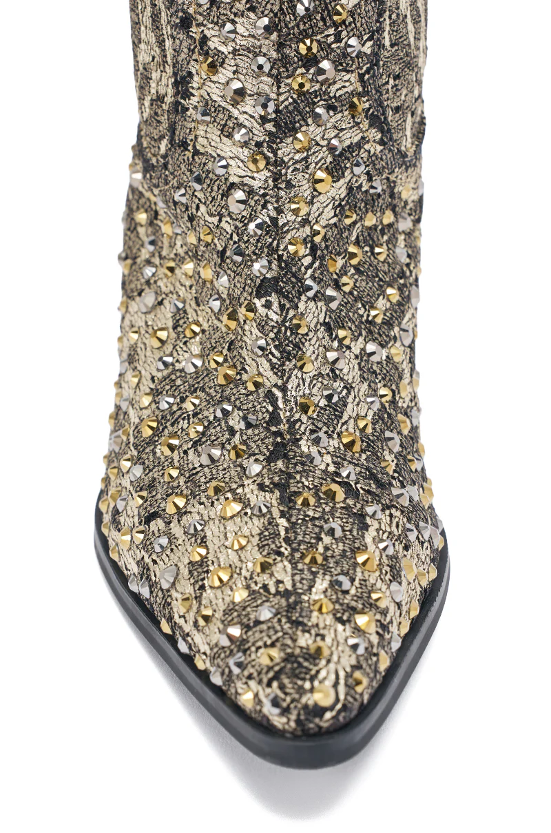 AZALEA WANG ZIRENNE GOLD AND BLACK BROCADE RHINETSTONE EMBELLISHED WESTERN BOOT - Image 8