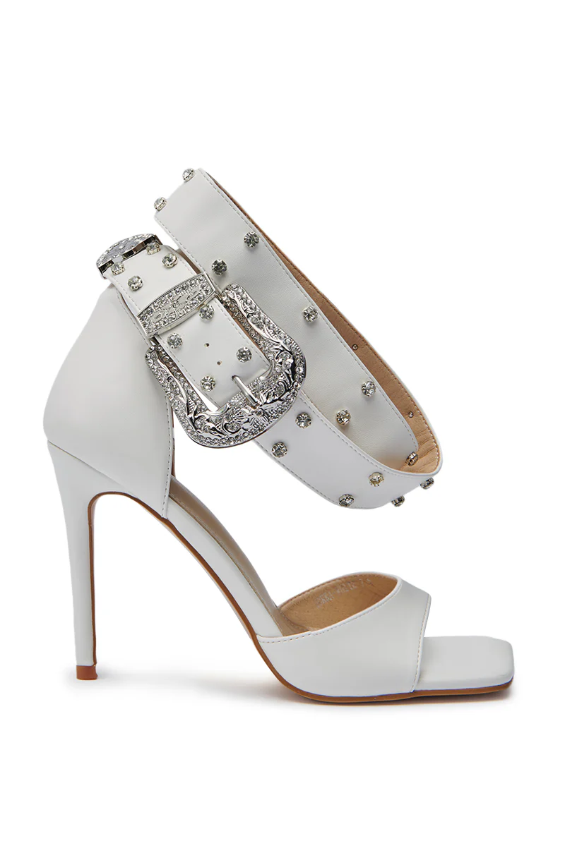 AZALEA WANG ZORKA WHITE WESTERN BUCKLE STILETTO SANDAL - Image 4