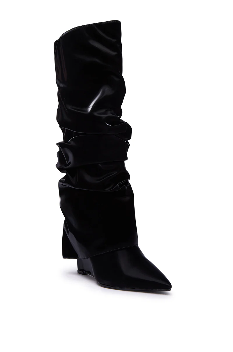 AZALEA WANG ZYLLA BLACK PATENT WEDGE RUCHED BOOT - Image 5