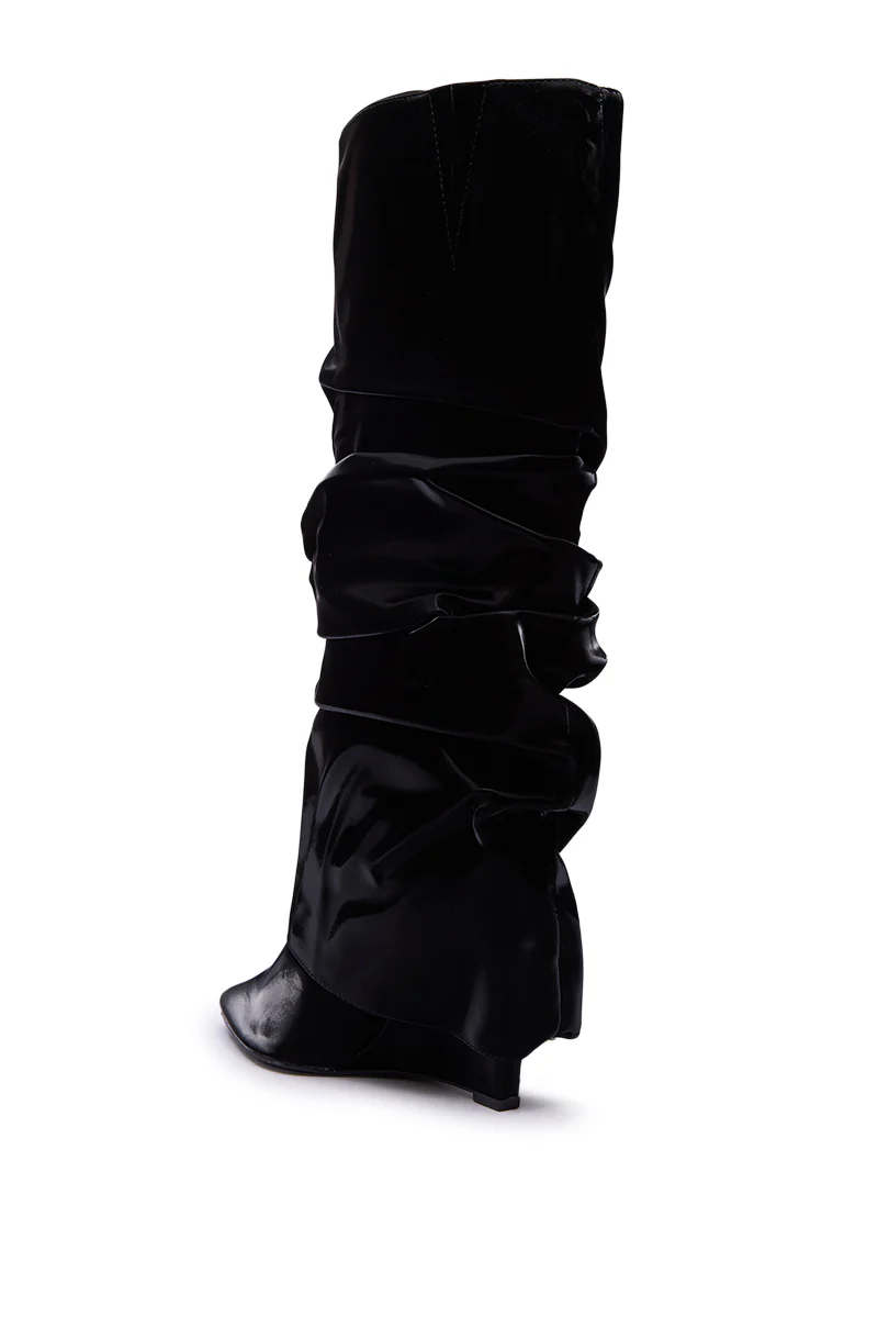 AZALEA WANG ZYLLA BLACK PATENT WEDGE RUCHED BOOT - Image 6