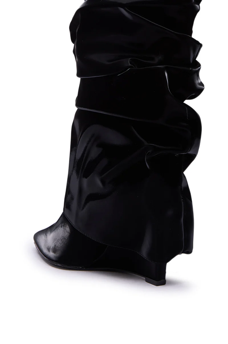 AZALEA WANG ZYLLA BLACK PATENT WEDGE RUCHED BOOT - Image 7
