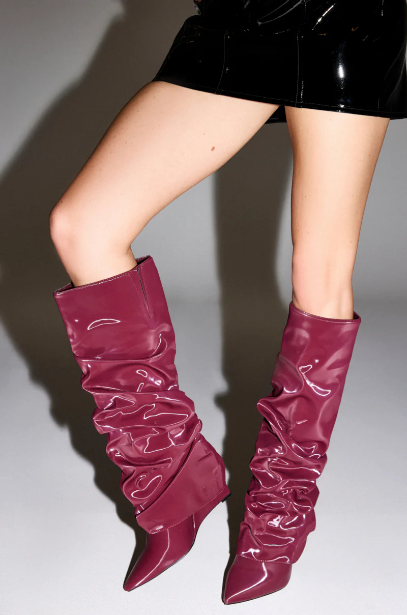 AZALEA WANG ZYLLA BURGUNDY PATENT WEDGE RUCHED BOOT - Image 3