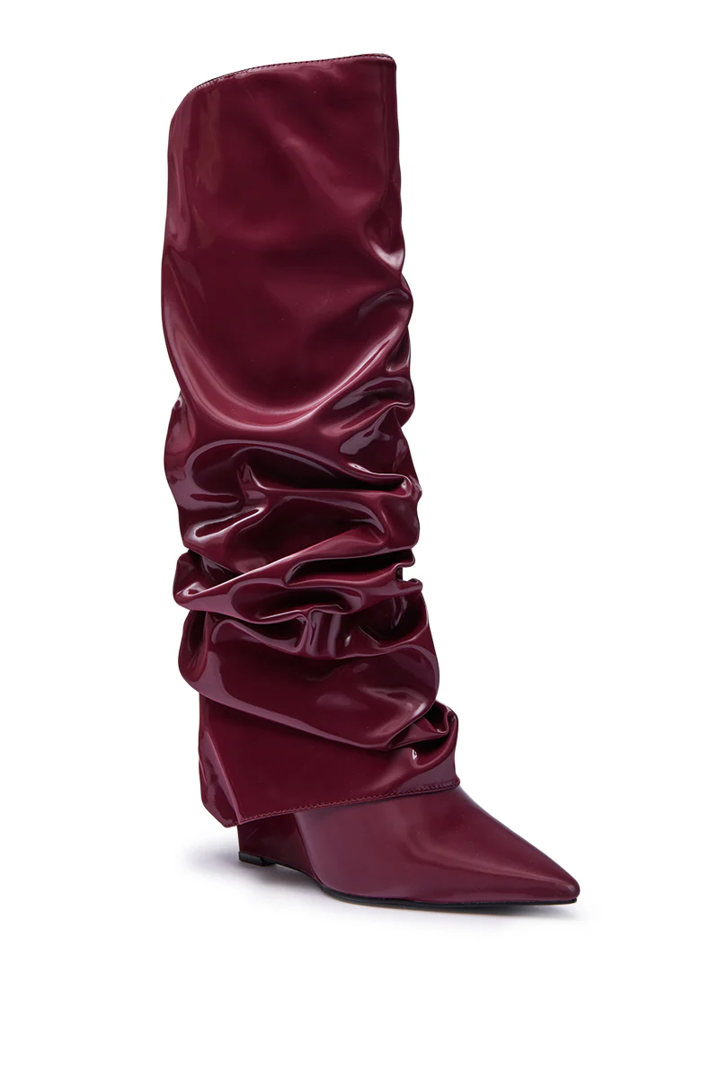 AZALEA WANG ZYLLA BURGUNDY PATENT WEDGE RUCHED BOOT - Image 5