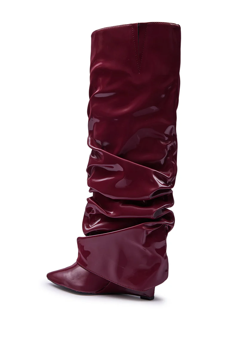 AZALEA WANG ZYLLA BURGUNDY PATENT WEDGE RUCHED BOOT - Image 6