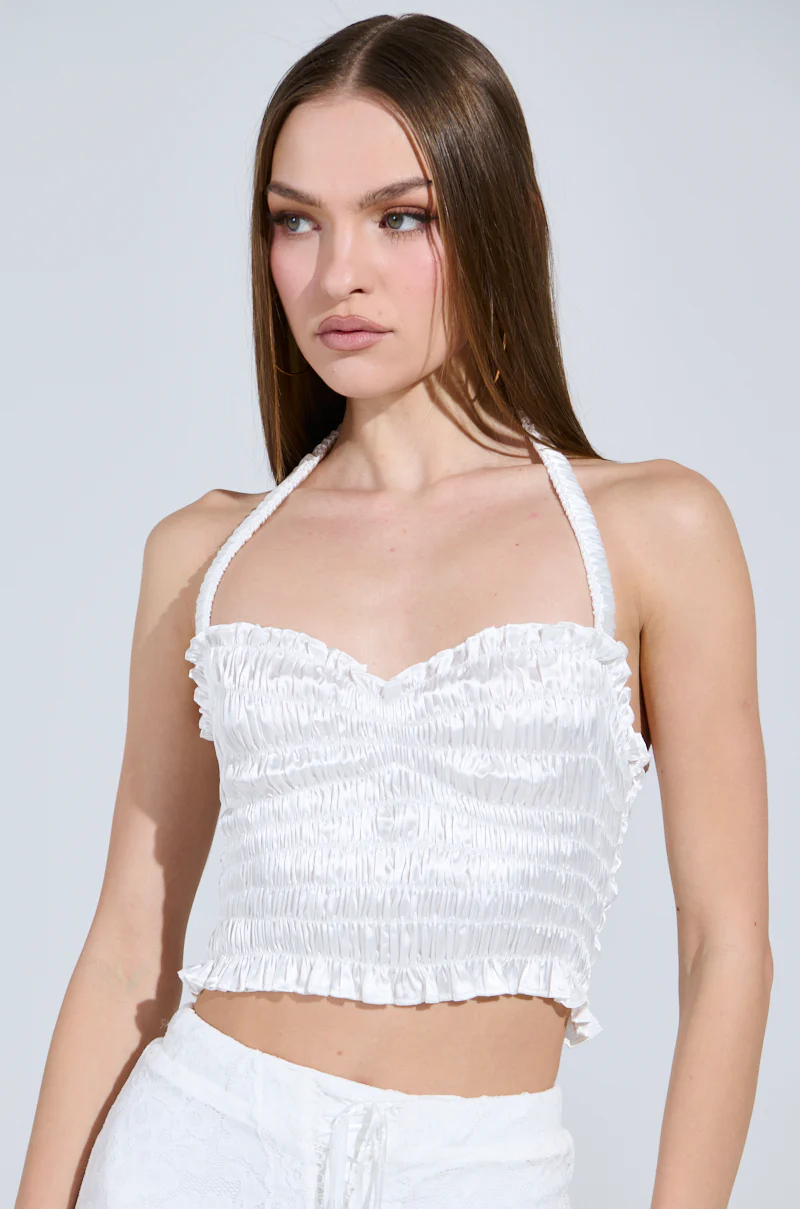 BABY DOLL RUCHED SATIN HALTER TOP IN WHITE - Image 2