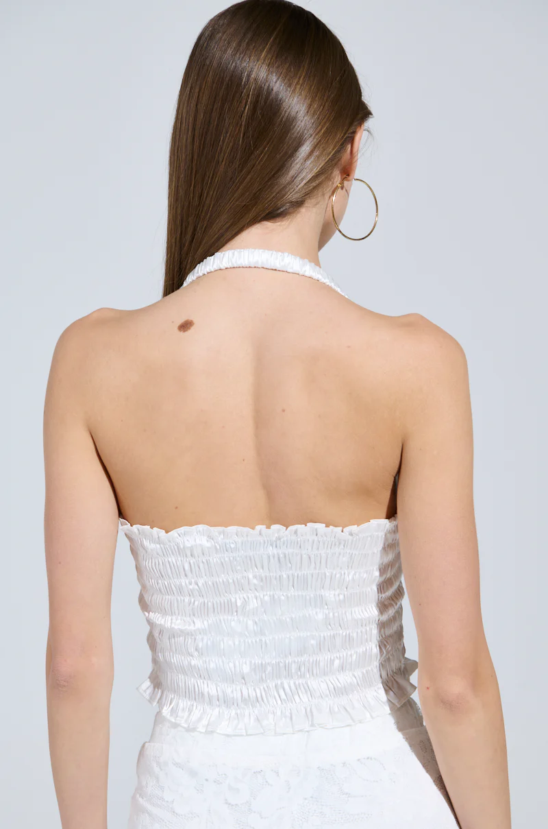 BABY DOLL RUCHED SATIN HALTER TOP IN WHITE - Image 4