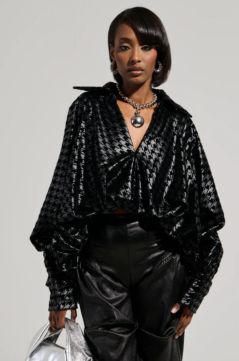 BADDEST OF EM ALL HOUNDSTOOTH FAUX LEATHER BLOUSE - Image 2