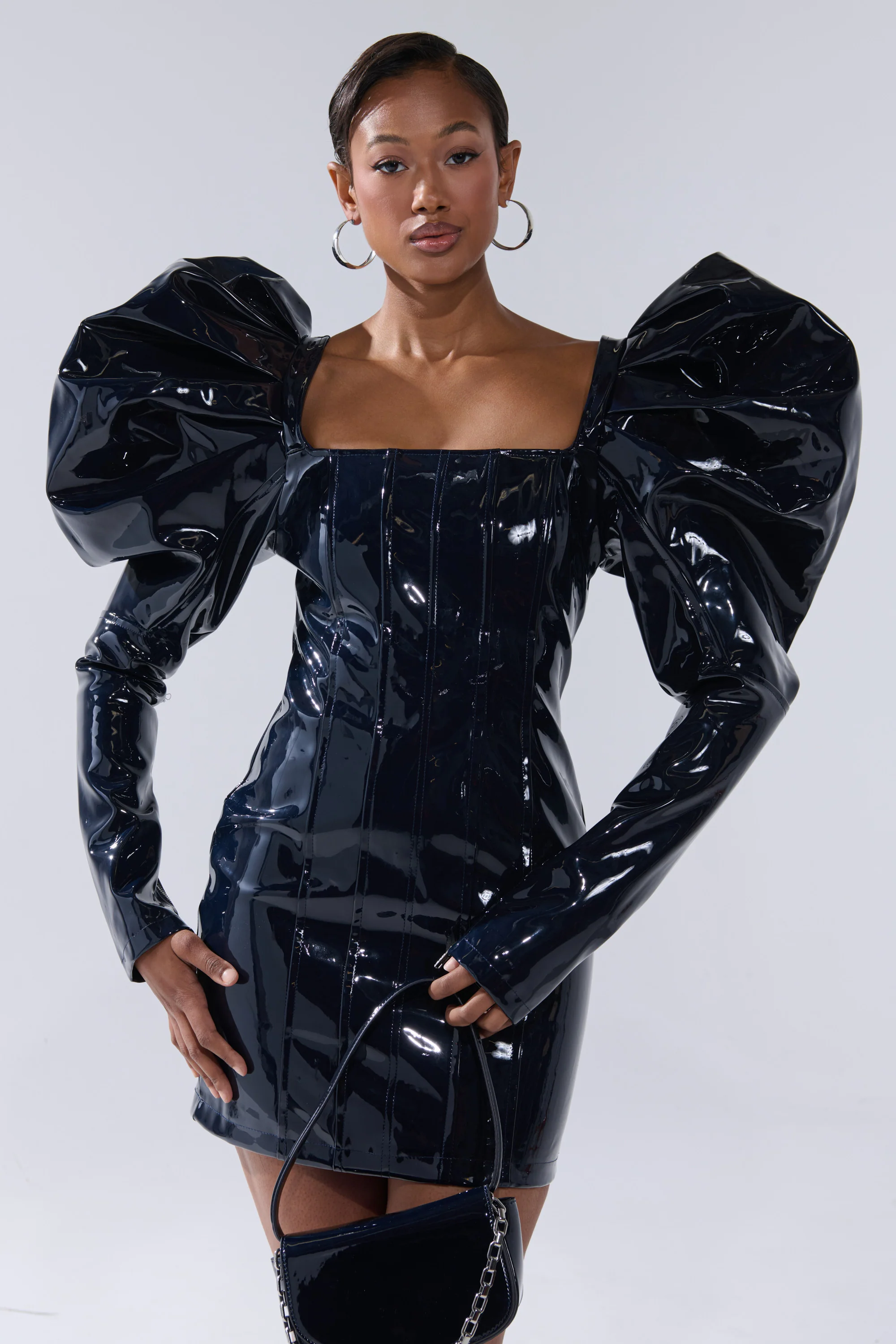 BADDIES ONLY PATENT MINI DRESS IN NAVY - Image 2