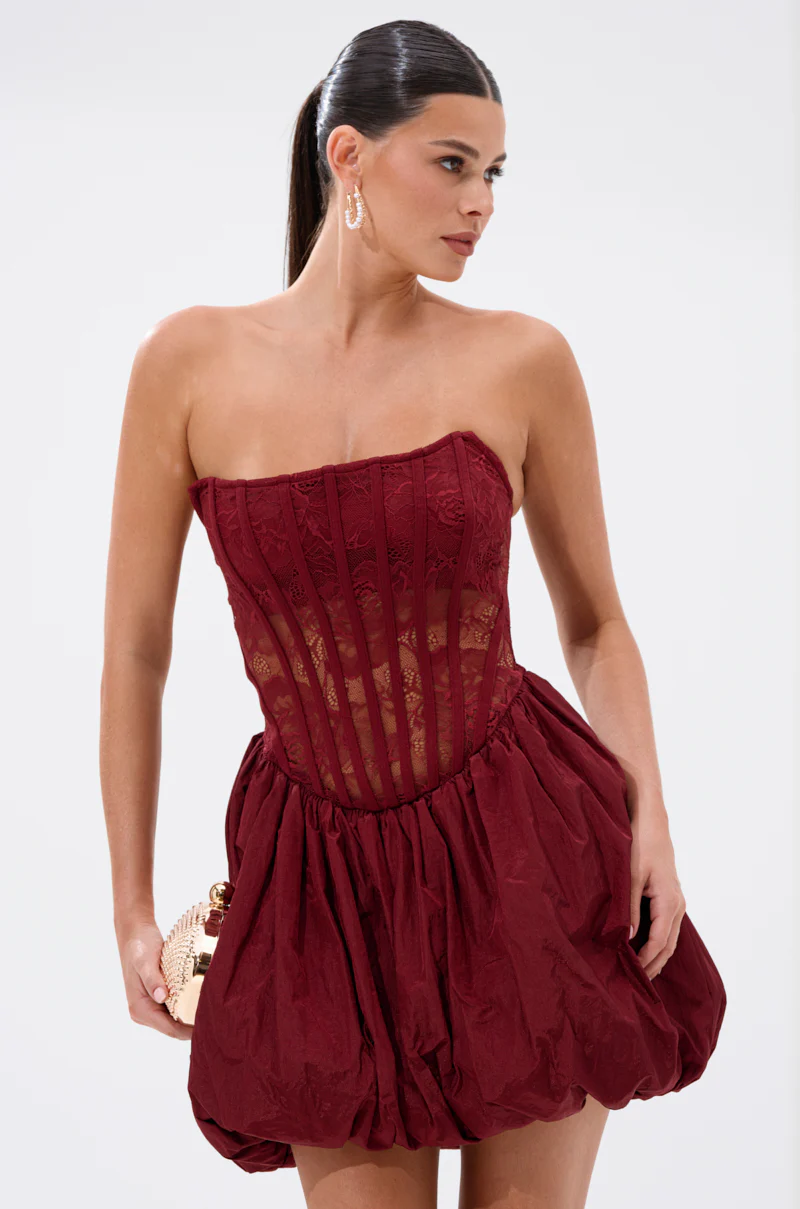 BELINA LACE MINI DRESS WITH BUBBLE SKIRT IN BURGUNDY - Image 2