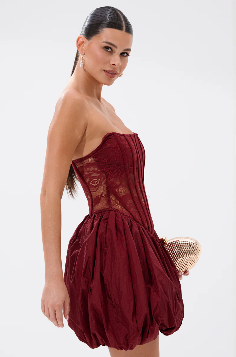 BELINA LACE MINI DRESS WITH BUBBLE SKIRT IN BURGUNDY - Image 3