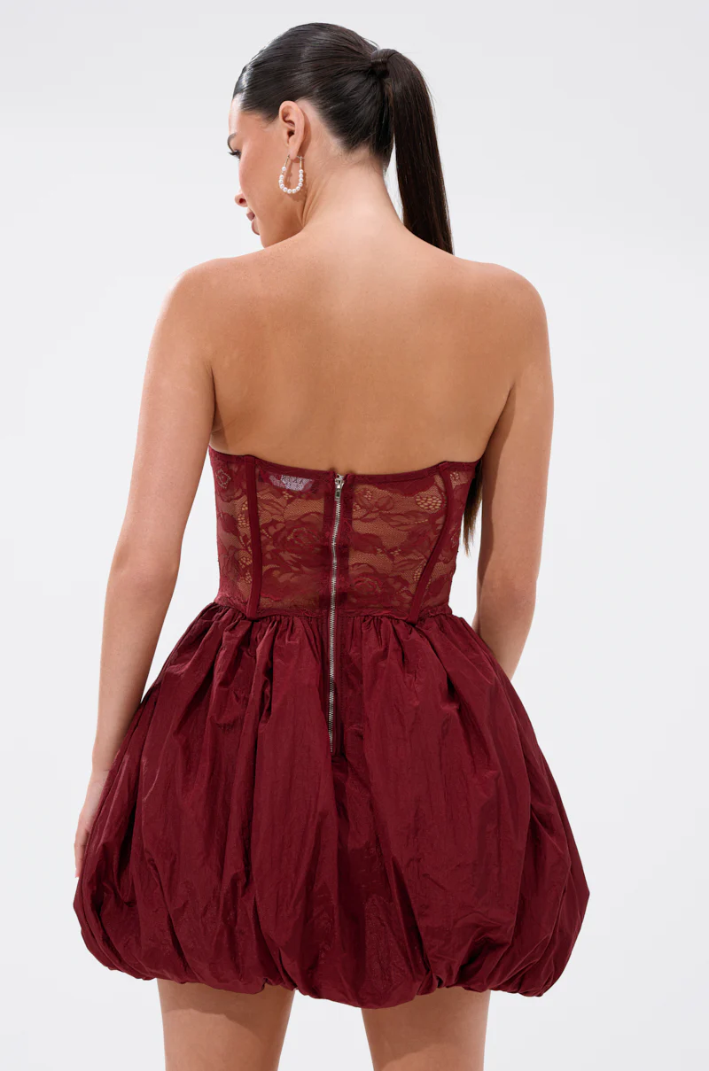 BELINA LACE MINI DRESS WITH BUBBLE SKIRT IN BURGUNDY - Image 4