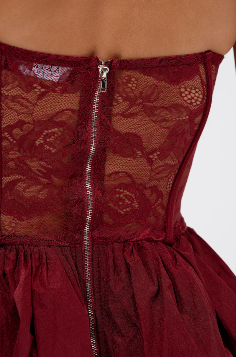 BELINA LACE MINI DRESS WITH BUBBLE SKIRT IN BURGUNDY - Image 6