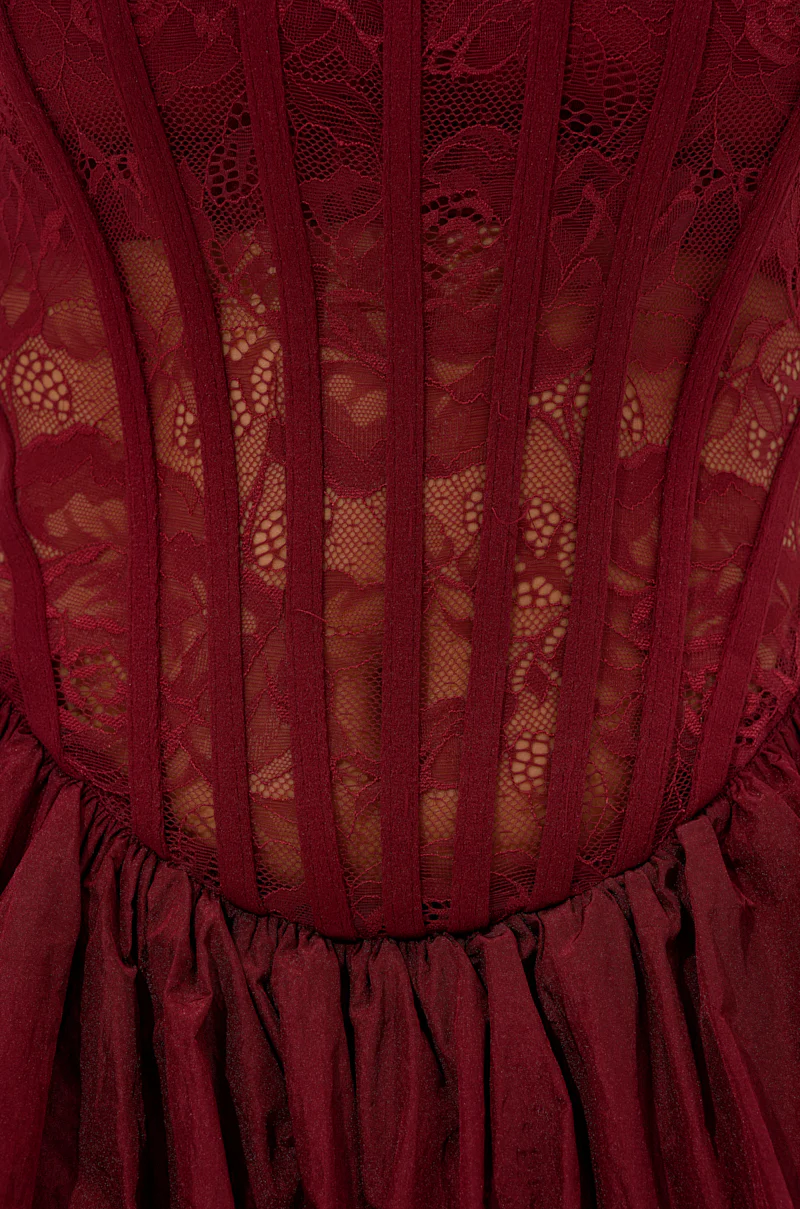 BELINA LACE MINI DRESS WITH BUBBLE SKIRT IN BURGUNDY - Image 7