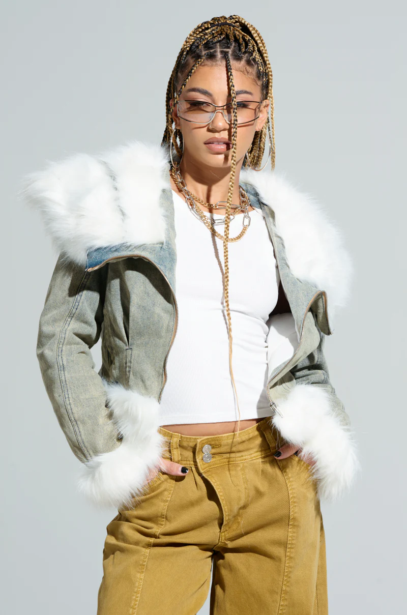 BELLA FUR TRIM DENIM MOTO - Image 3