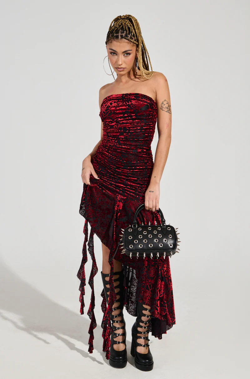 BELLA RUCHED RED VELVET BURNOUT MIDI DRESS - Image 3