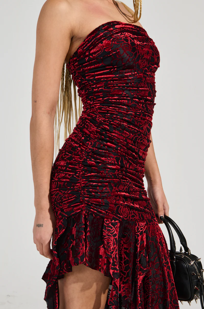 BELLA RUCHED RED VELVET BURNOUT MIDI DRESS - Image 7