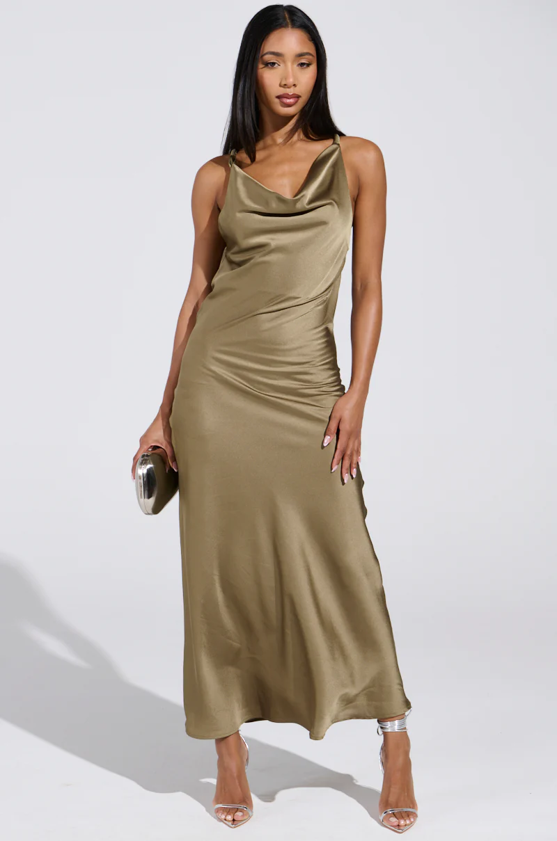 BELLA SATIN MAXI DRESS IN OLIVE - Image 3