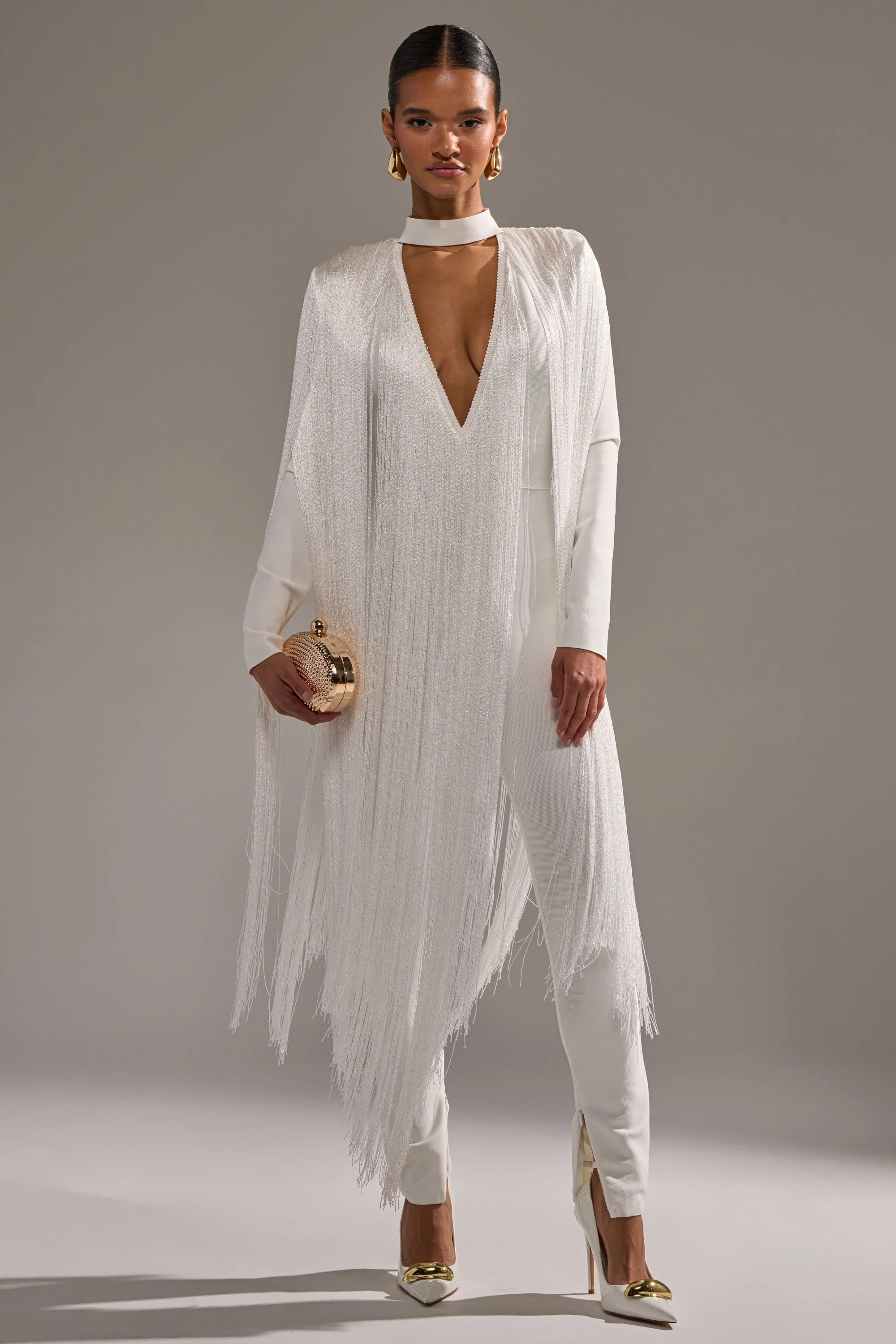 BELLE BANDAGE JUMPSUIT WITH FRINGE IN WHITE