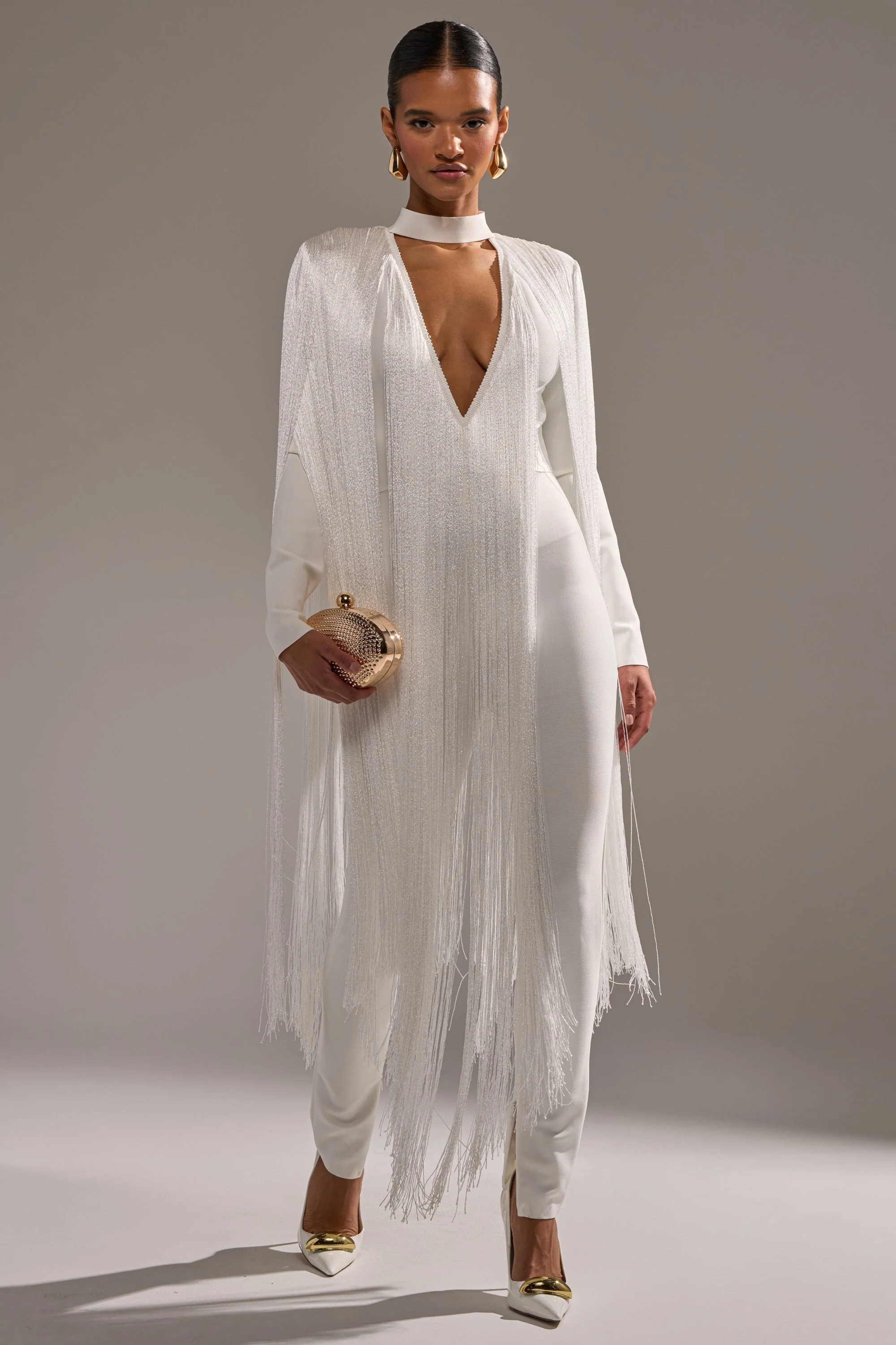 BELLE BANDAGE JUMPSUIT WITH FRINGE IN WHITE - Image 2