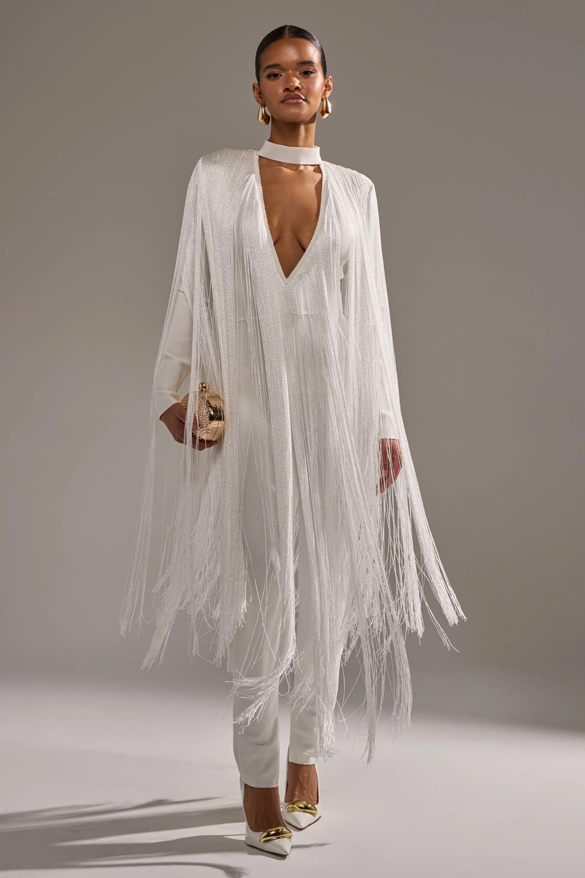 BELLE BANDAGE JUMPSUIT WITH FRINGE IN WHITE - Image 3