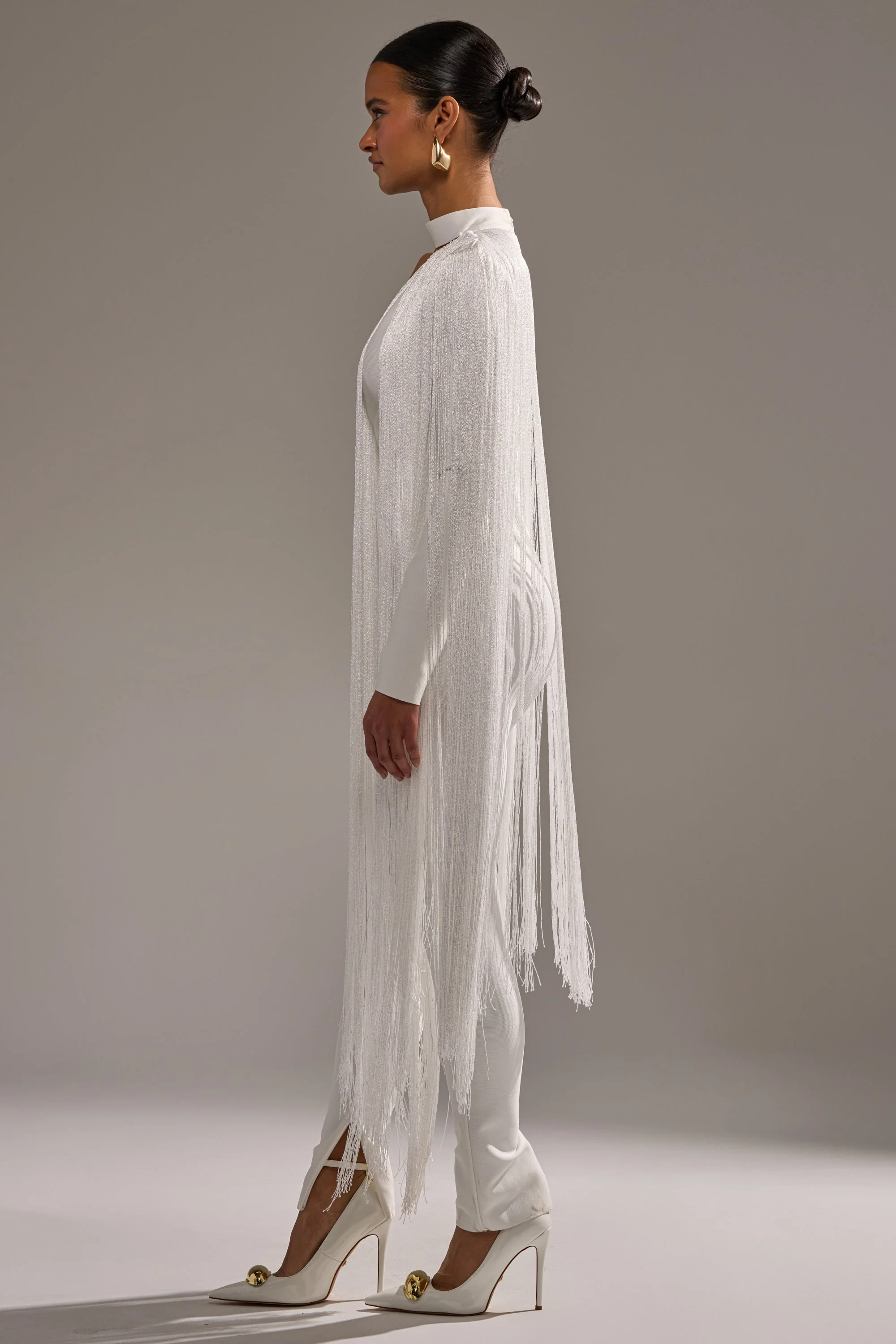 BELLE BANDAGE JUMPSUIT WITH FRINGE IN WHITE - Image 5