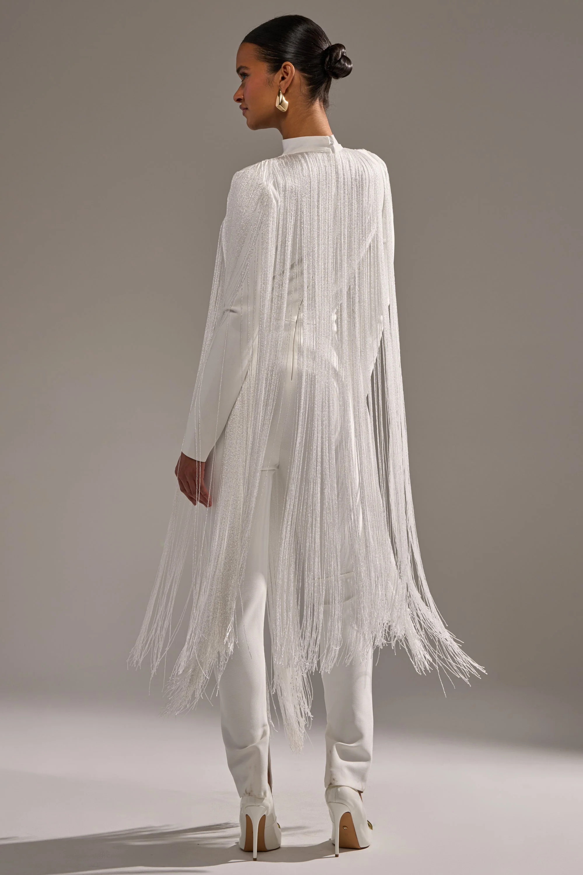 BELLE BANDAGE JUMPSUIT WITH FRINGE IN WHITE - Image 6