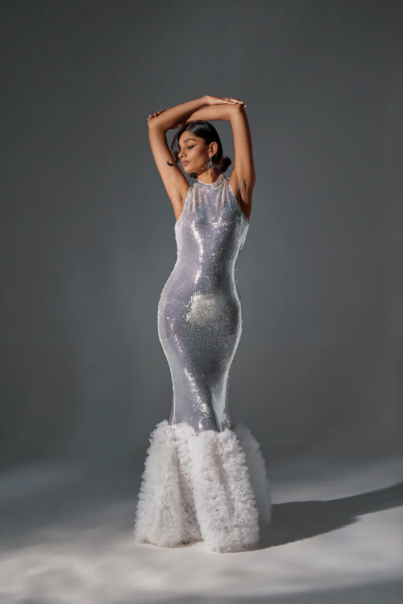 BELLE OF THE BALL SEQUIN RUFFLE MAXI DRESS IN WHITE - Image 2