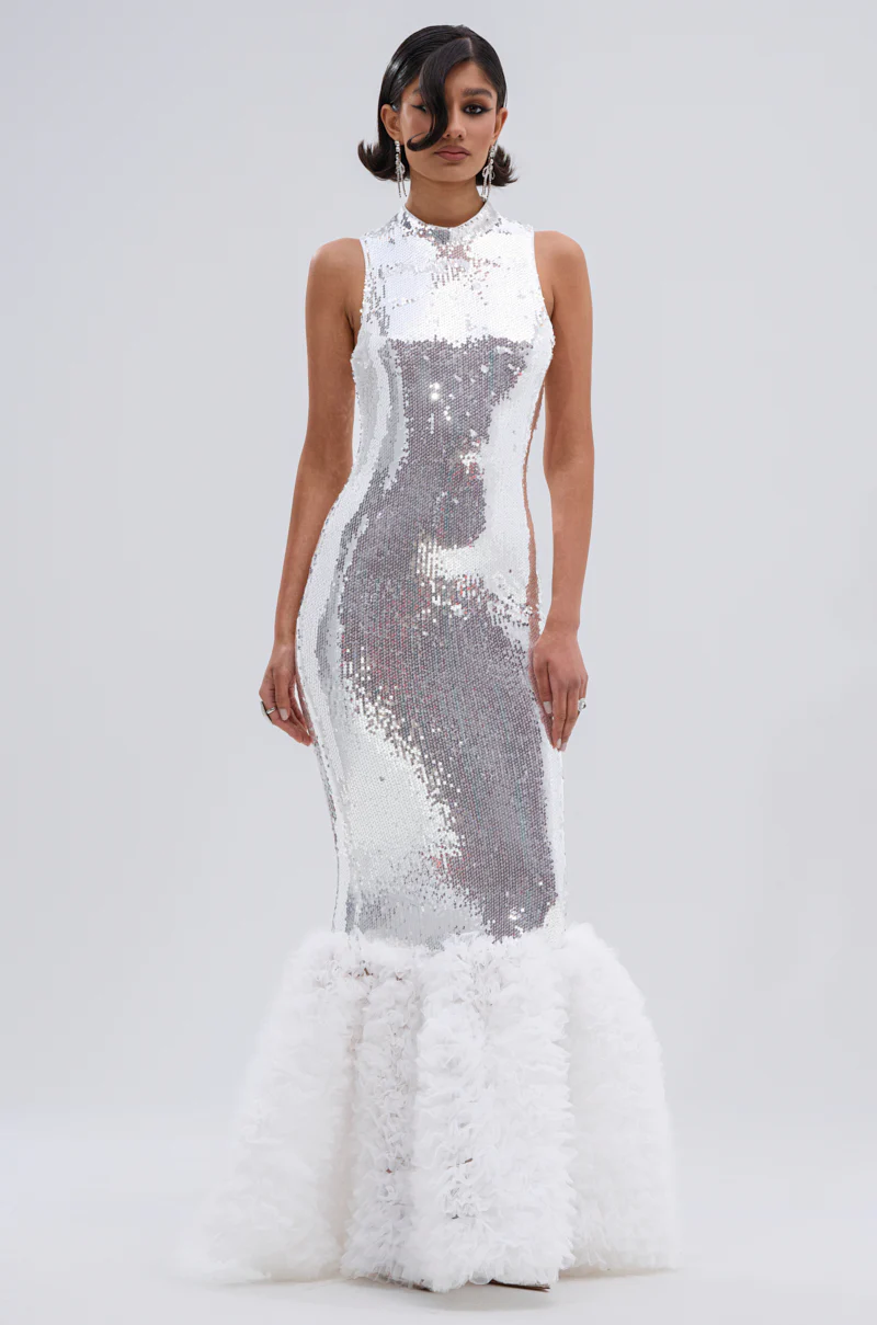 BELLE OF THE BALL SEQUIN RUFFLE MAXI DRESS IN WHITE - Image 3