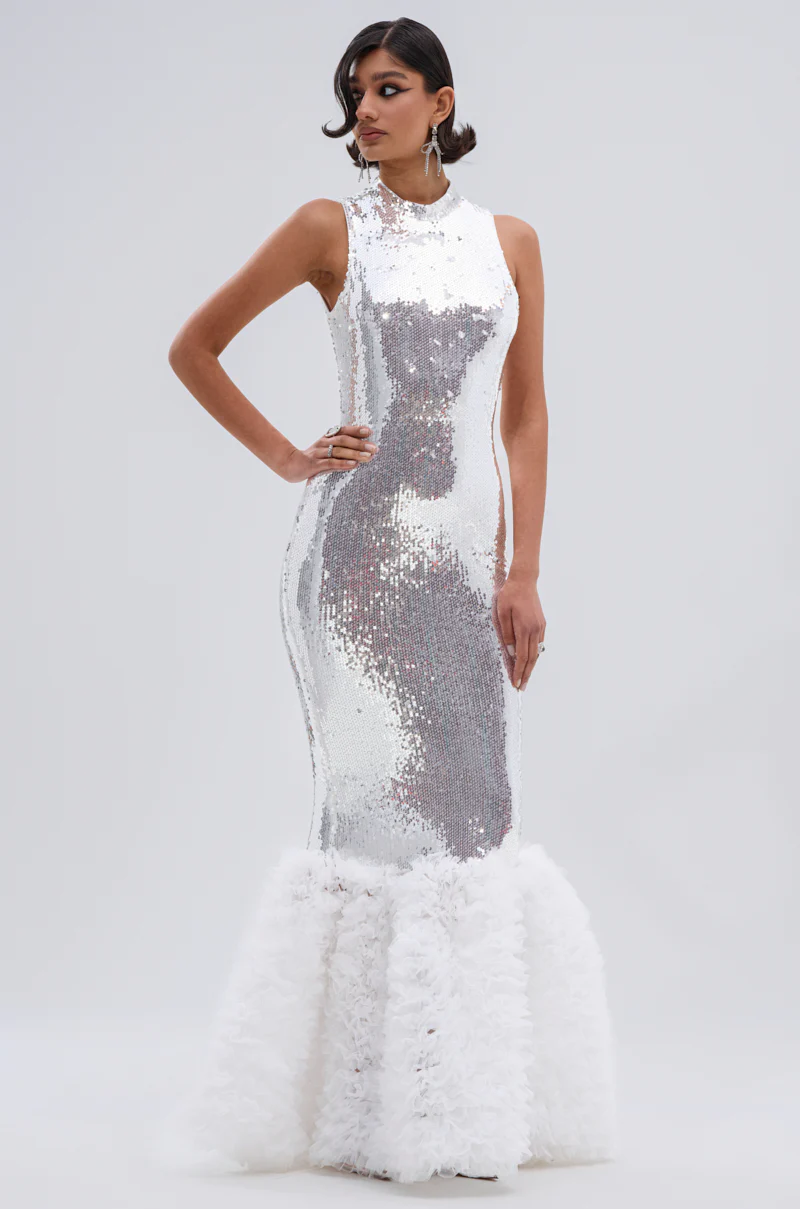 BELLE OF THE BALL SEQUIN RUFFLE MAXI DRESS IN WHITE - Image 4