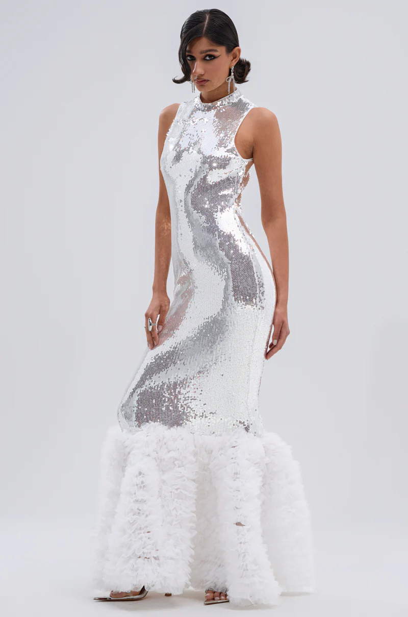 BELLE OF THE BALL SEQUIN RUFFLE MAXI DRESS IN WHITE - Image 5