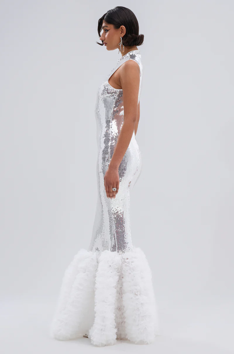BELLE OF THE BALL SEQUIN RUFFLE MAXI DRESS IN WHITE - Image 6