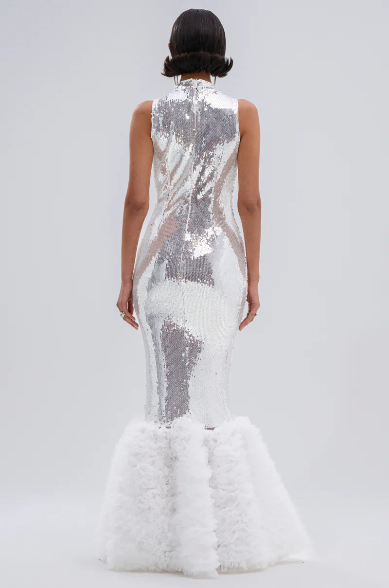 BELLE OF THE BALL SEQUIN RUFFLE MAXI DRESS IN WHITE - Image 7
