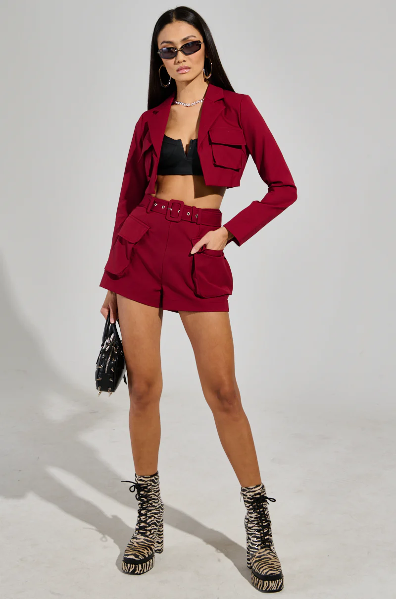 BETTER LUCK UTILITY POCKET SHORTS IN BURGUNDY - Image 7