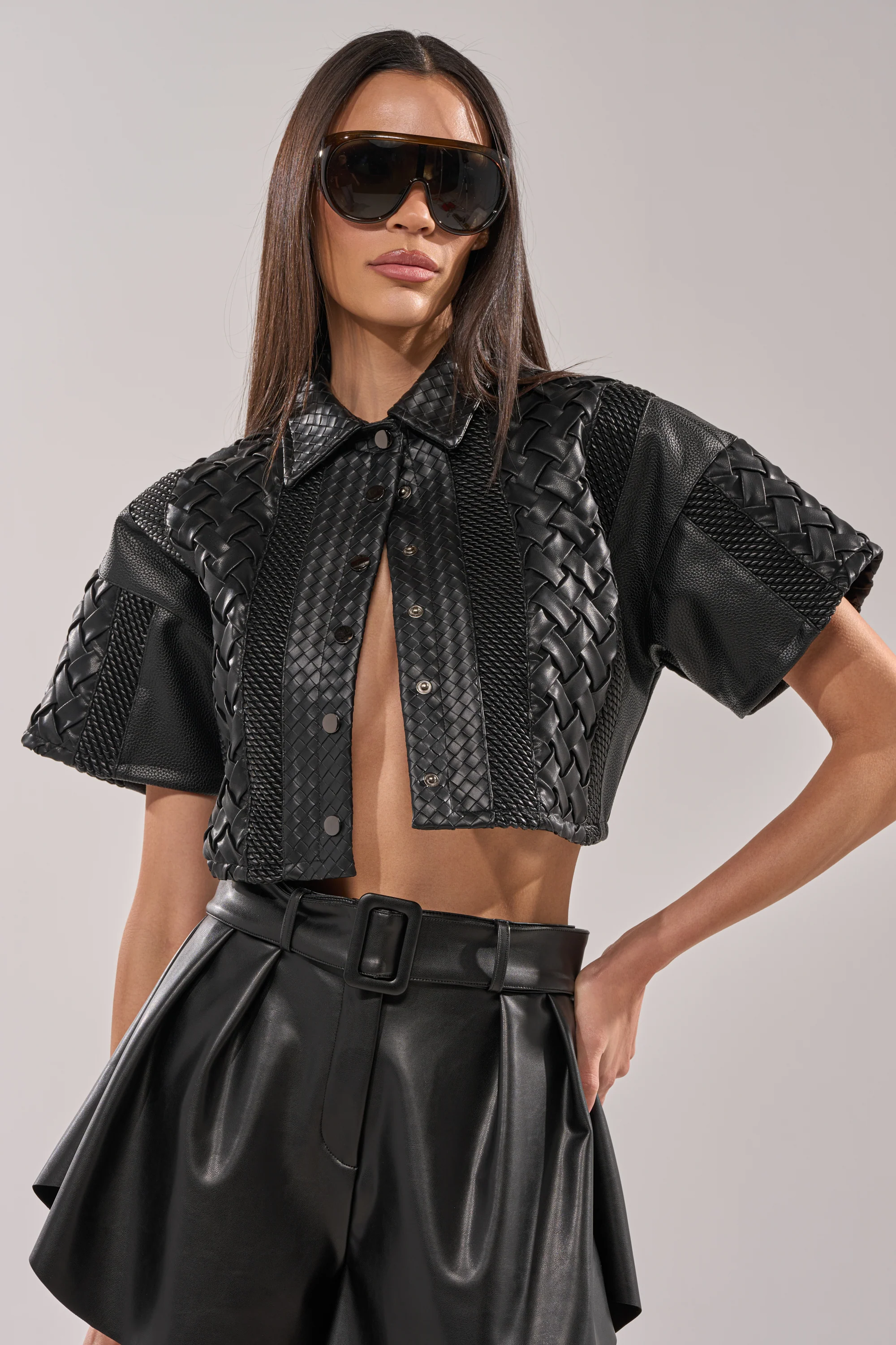 BIKER BRAIDED LEATHER CROPPED BUTTON DOWN - Image 4