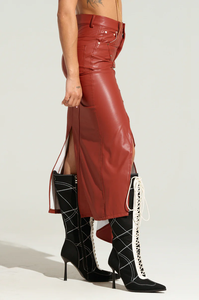 BITE ME ASYMMETRICAL FAUX LEATHER MIDI SKIRT IN BROWN - Image 4