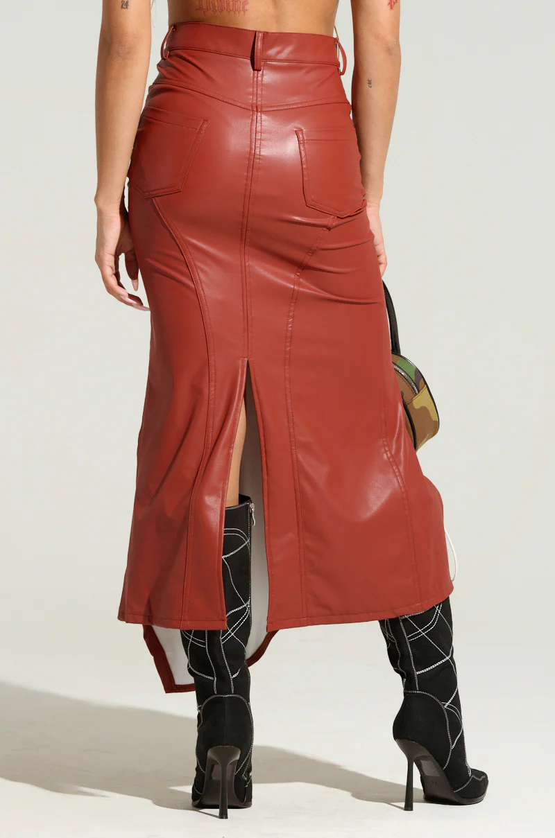 BITE ME ASYMMETRICAL FAUX LEATHER MIDI SKIRT IN BROWN - Image 5