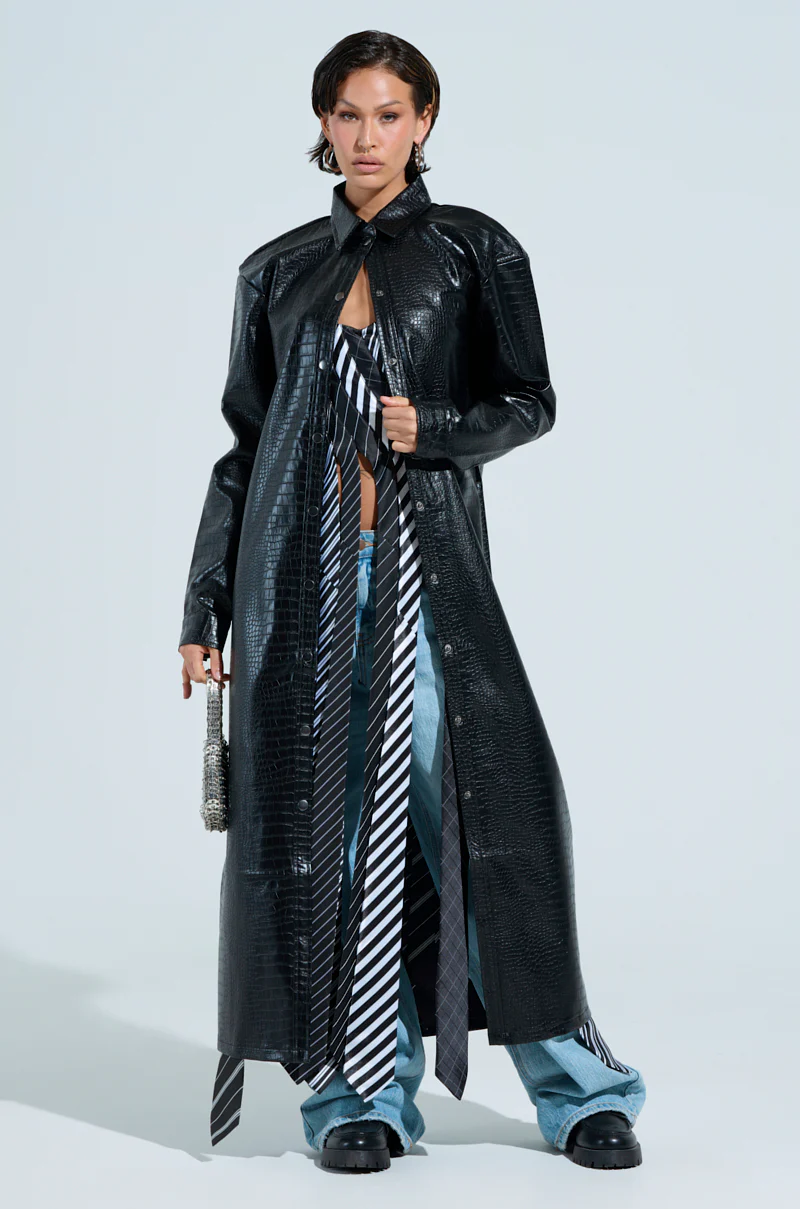 BLACK LONG SLEEVE CROC BUTTON DOWN SHIRT IN PU - Image 4