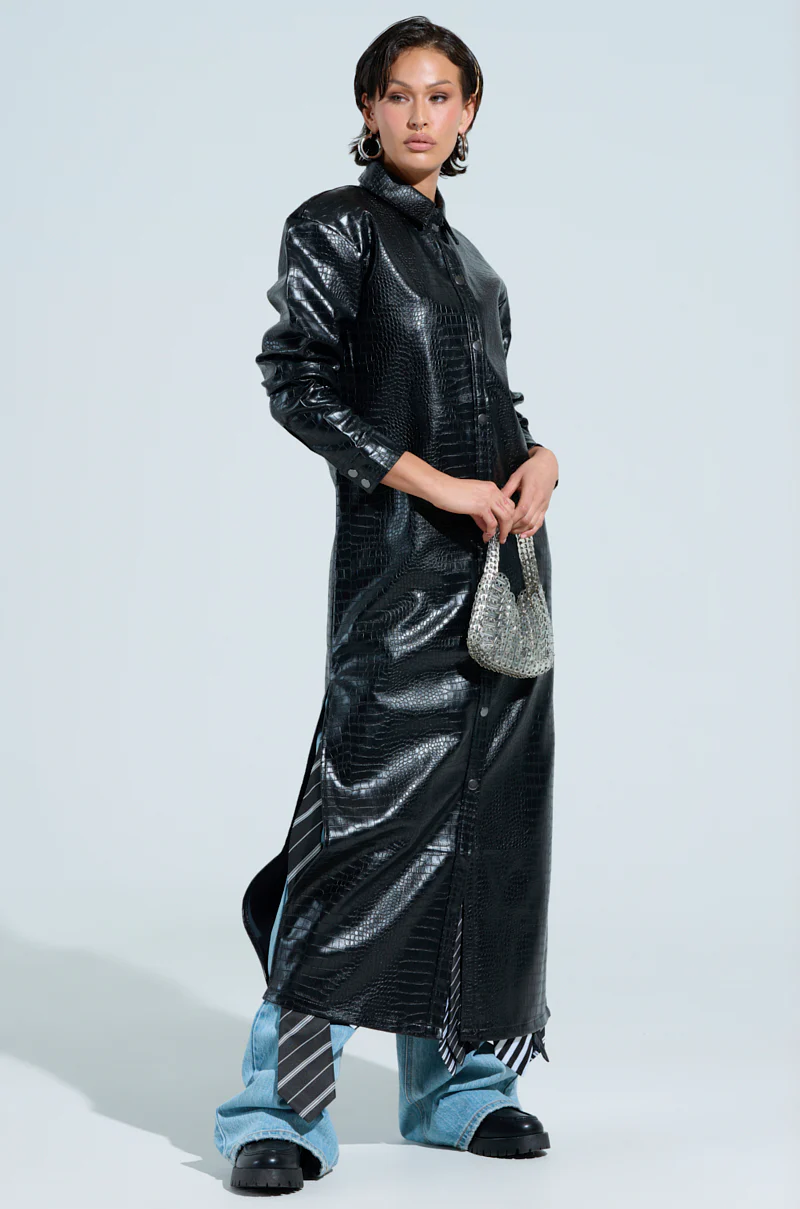 BLACK LONG SLEEVE CROC BUTTON DOWN SHIRT IN PU - Image 5
