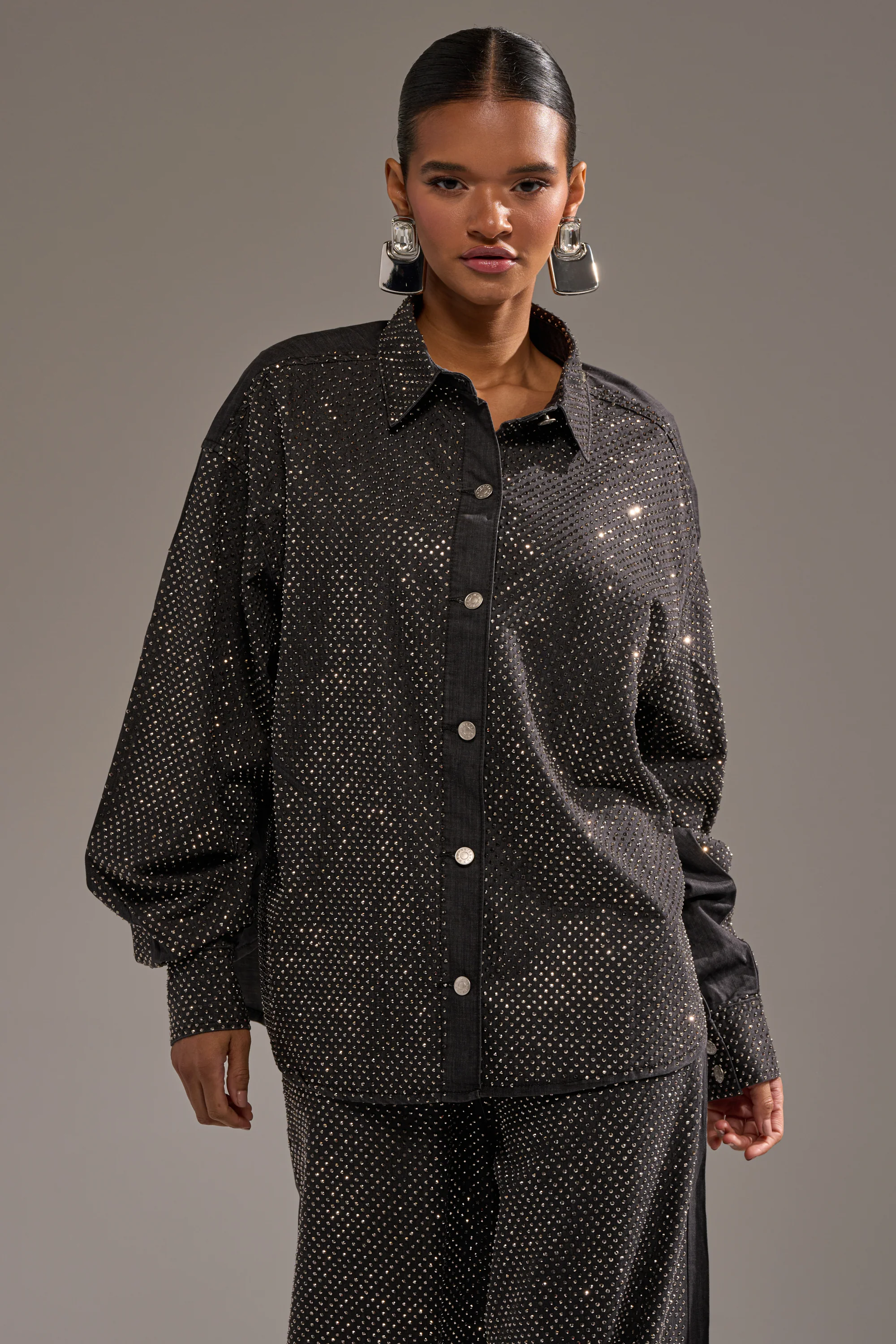 BLING BLING DENIM BUTTON DOWN TOP IN BLACK - Image 2