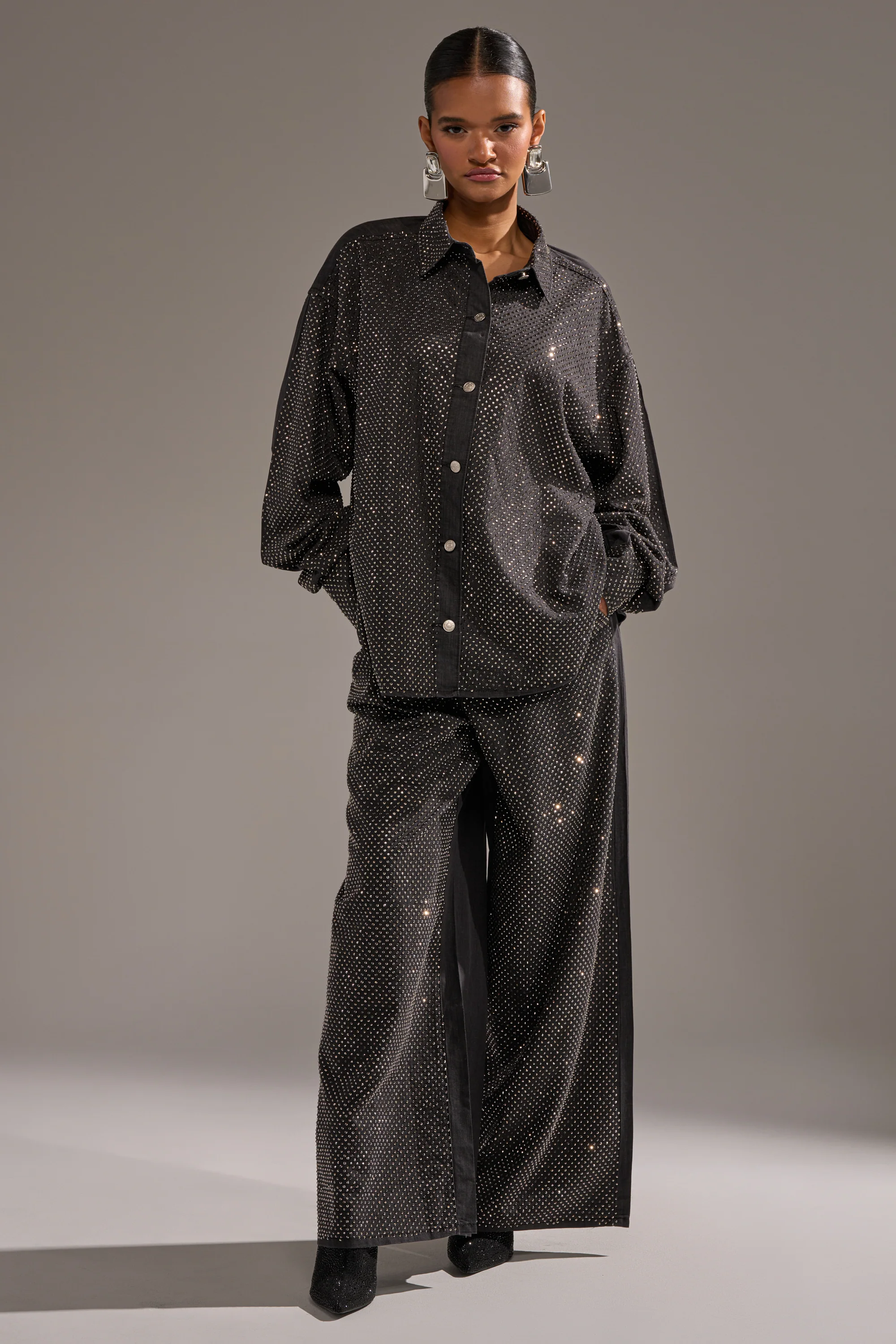 BLING BLING DENIM BUTTON DOWN TOP IN BLACK - Image 6
